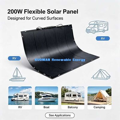200W Black Flexible Solar Panel, Durable Carbon‑Fiber Bendable Solar Kit for Campervan Marine Balcony Power